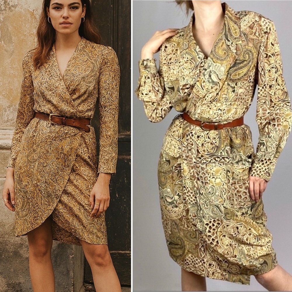 100% silk vintage long sleeve button down wrap dress. Neutral earth tin colours